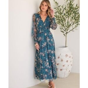 Floral Maxi V Neck Puff Long Sleeve Casual Dress Blue